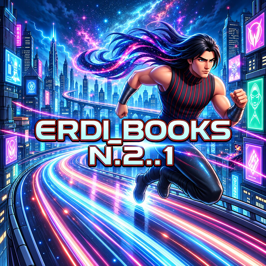 Logotipo de ERDI_BOOKS y N.2..1 en una ciudad futurista de luces neón